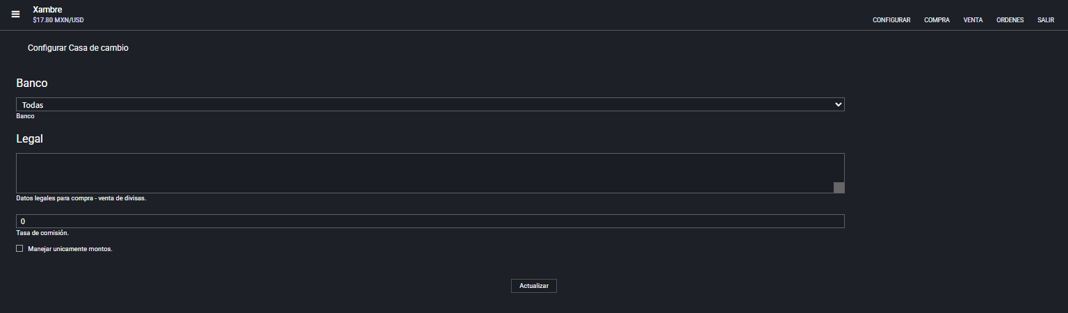 Configuración de Casa de cambio en Xambre con banco, texto legal, comisión y opción de manejo por montos.