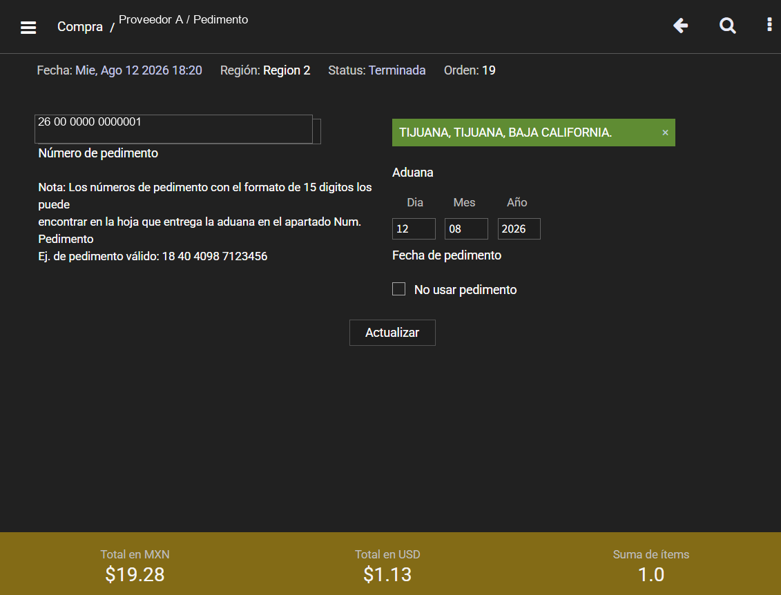 Referencia editada con datos ficticios: Datos de pedimento.