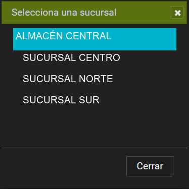 Referencia editada con datos ficticios: Seleccionar sucursal.