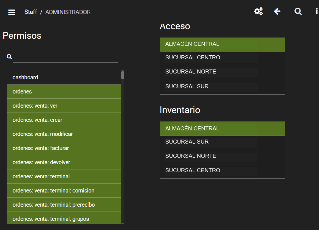Referencia editada con datos ficticios: permisos por usuario.
