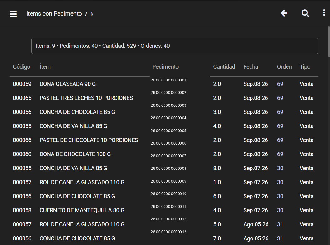 Referencia editada con datos ficticios: artículos con pedimento.