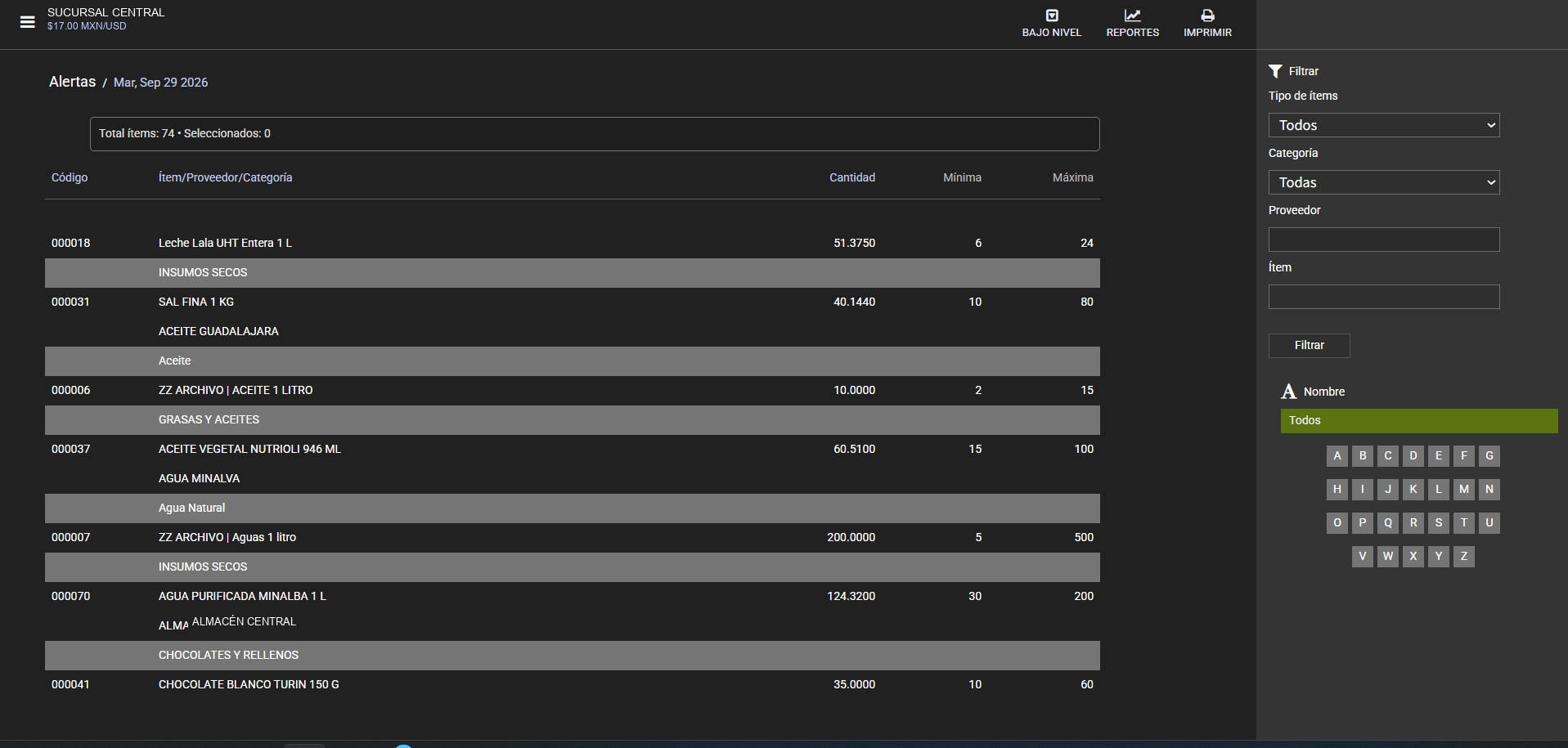Referencia editada con datos ficticios: Alertas de inventario.