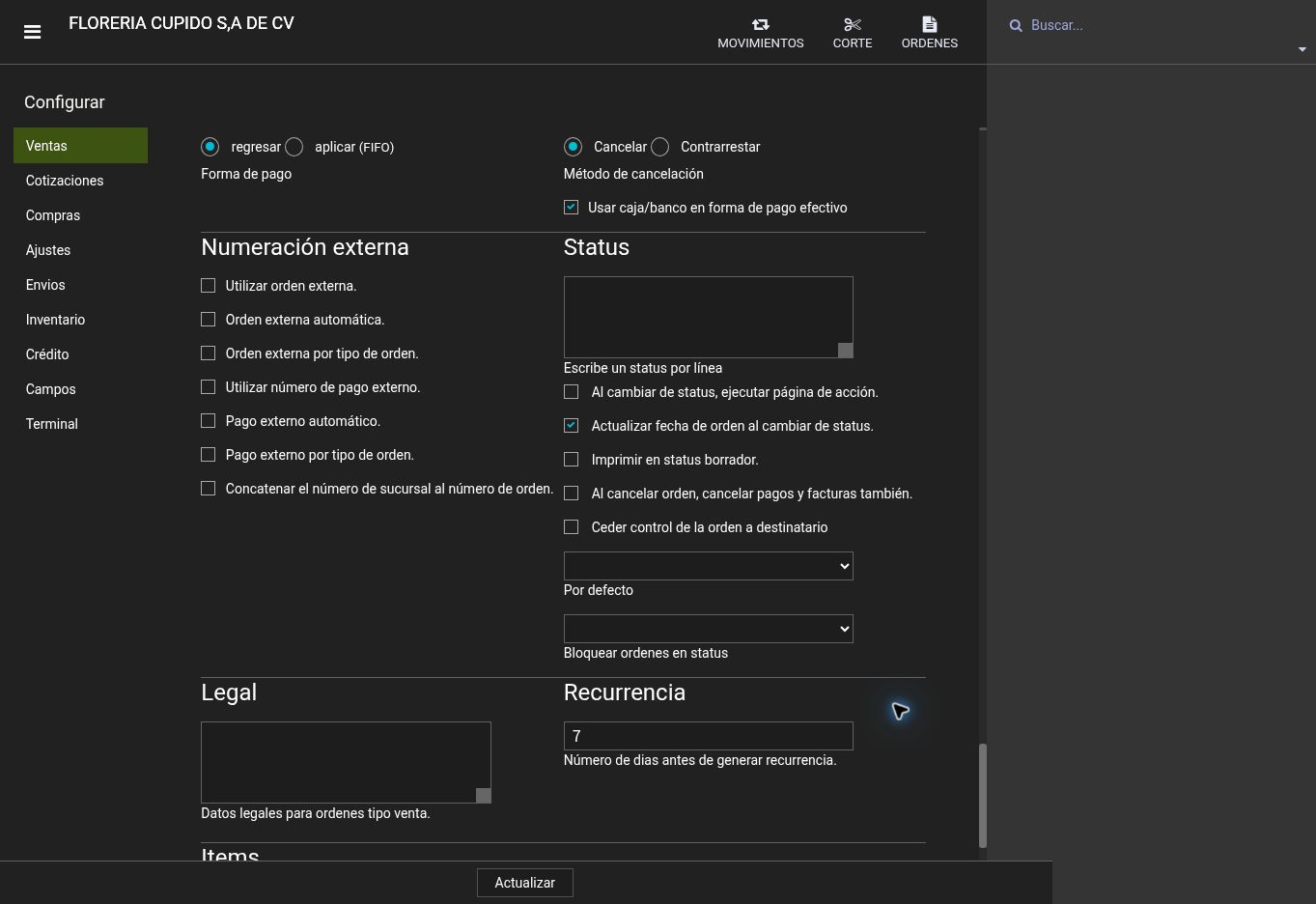 Pantalla de Xambre: Numeración externa de órdenes y pagos.