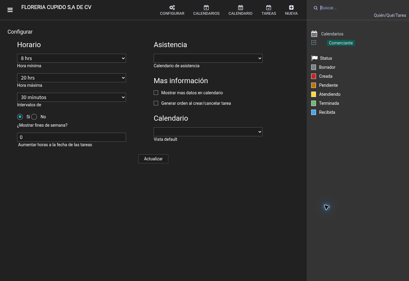 Pantalla de Xambre. Opciones del demo: 8 a 20 horas, intervalos de 30 minutos y fines de semana visibles.