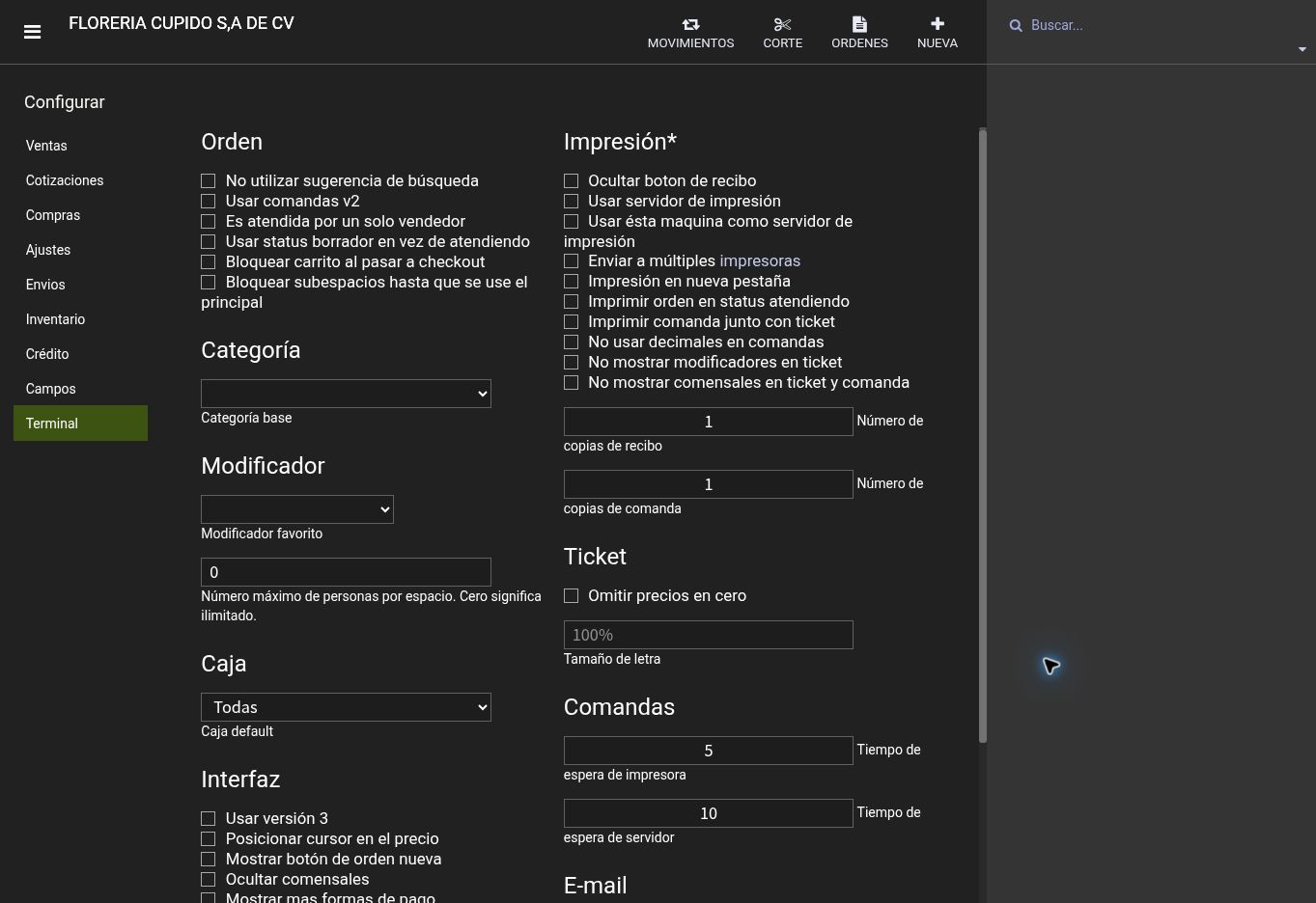 Pantalla de Xambre. Opciones de órdenes e impresión, con número de copias y tamaño de letra del ticket.