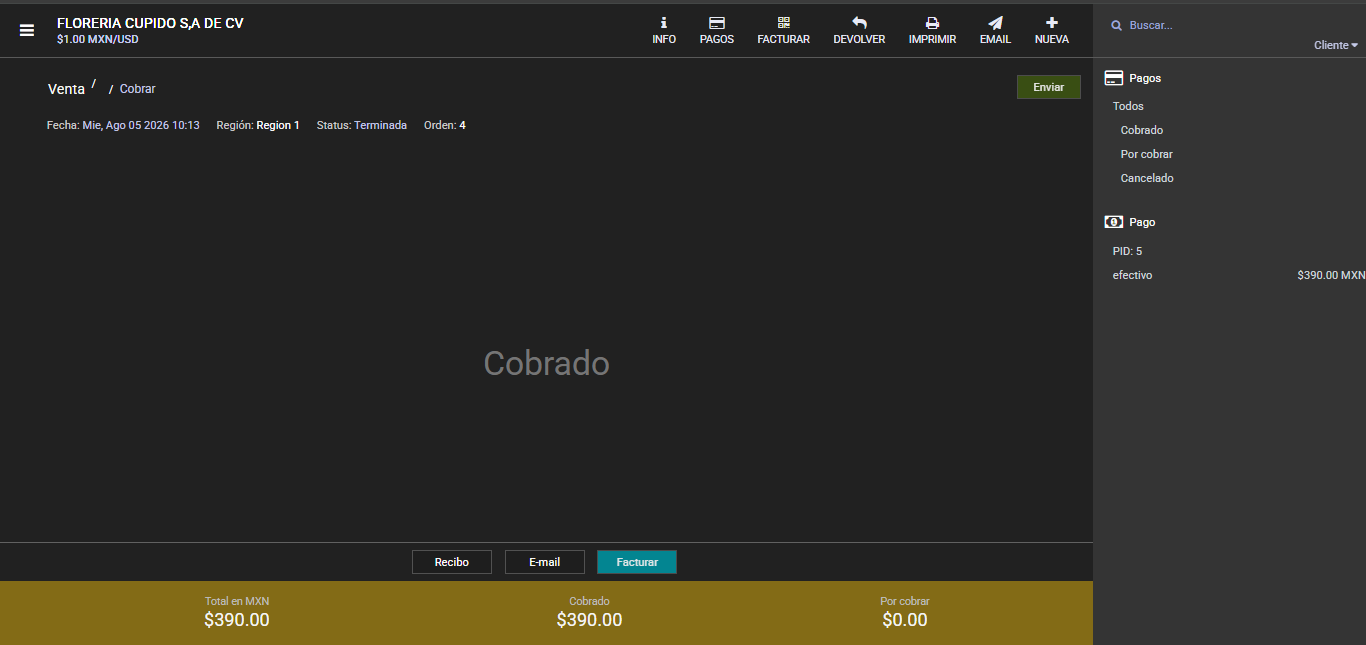 Cobro terminado de la orden 4: pago 5 en efectivo por $390 MXN; total $390, cobrado $390 y por cobrar $0.