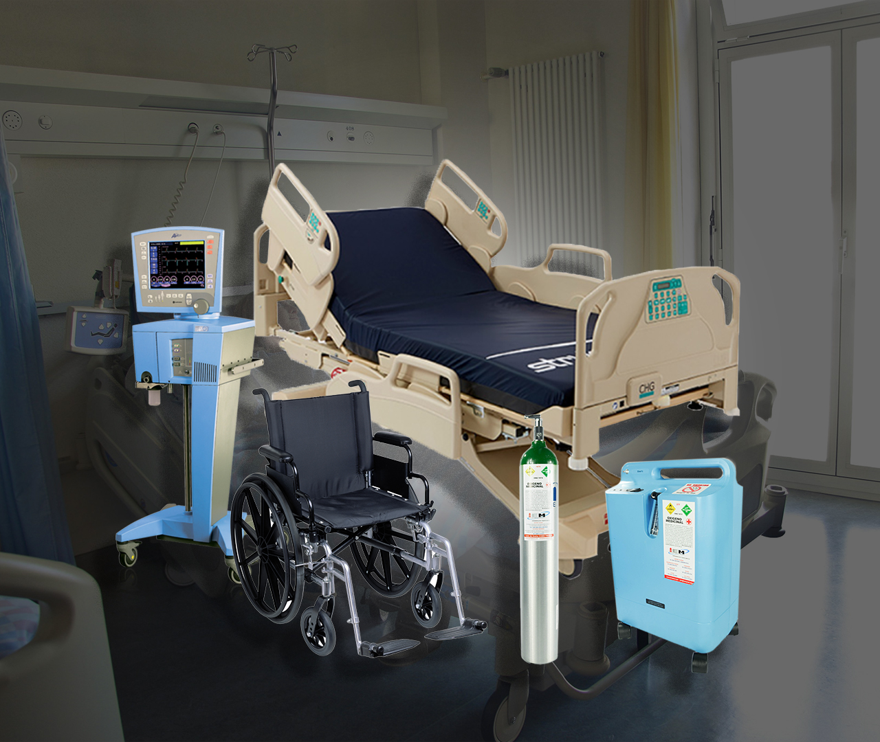 Cama hospitalaria, silla de ruedas y equipo de oxígeno