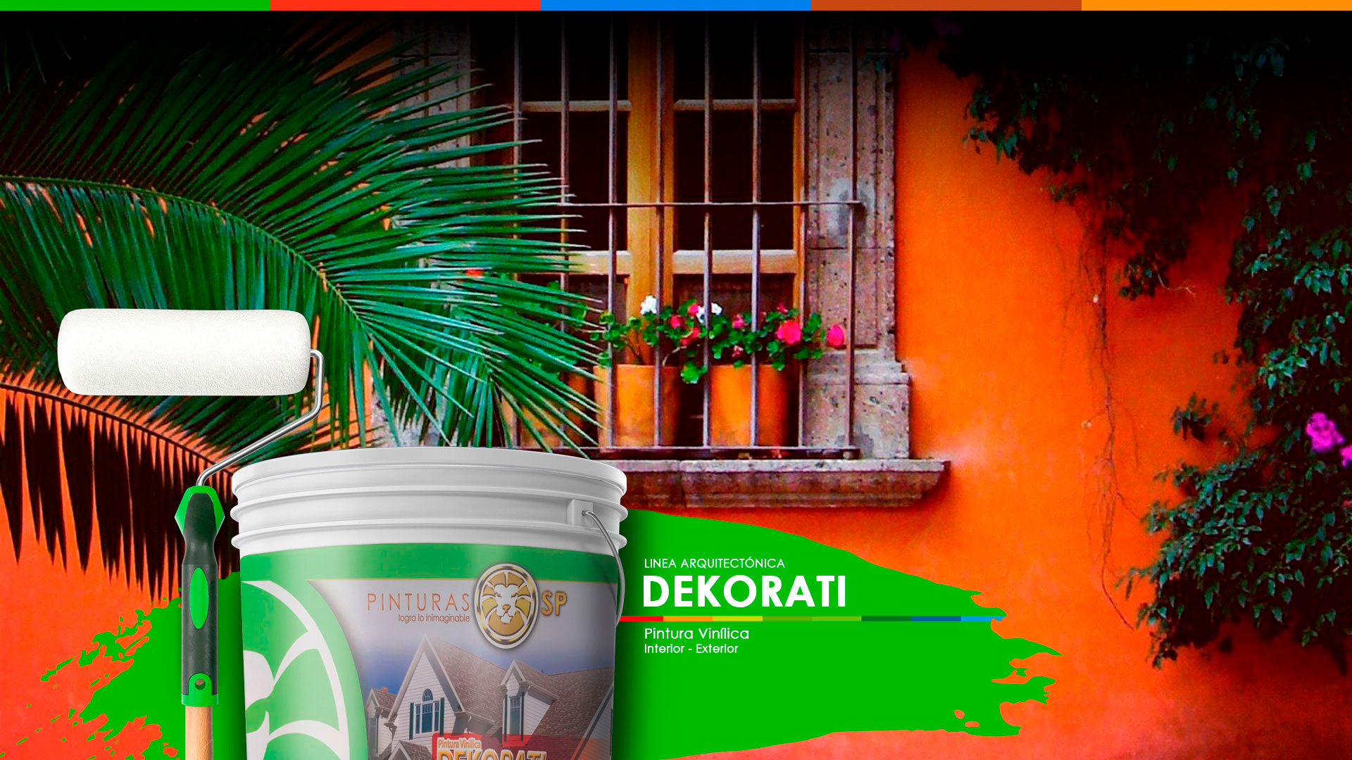Producto de la línea arquitectónica de Pinturas SP frente a una fachada colorida