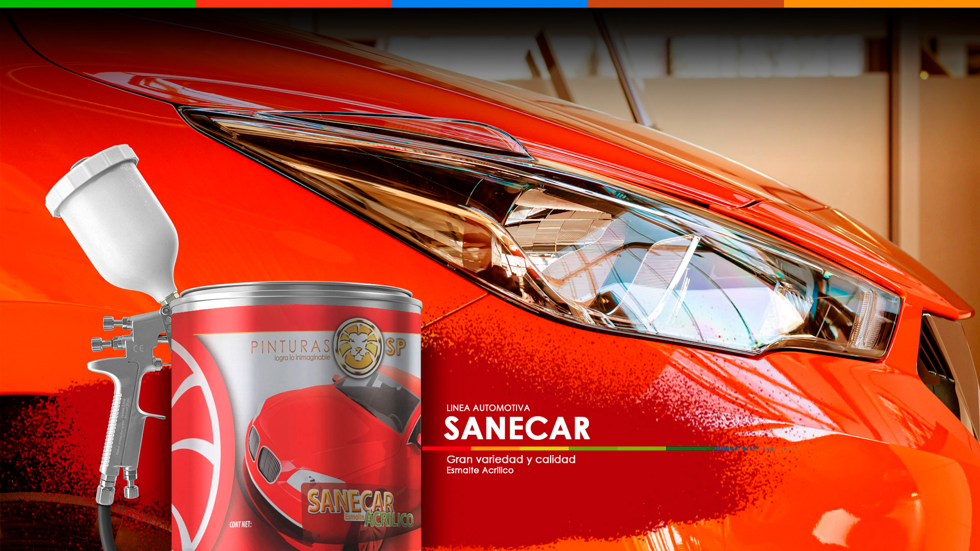Producto de pintura automotriz junto a un automóvil rojo