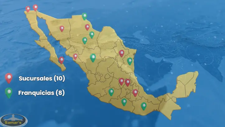 Mapa de México con 10 sucursales y 8 franquicias publicadas por SAMARS